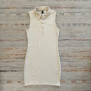 Sleeveless Ribbed Collared Cream Polo Dress